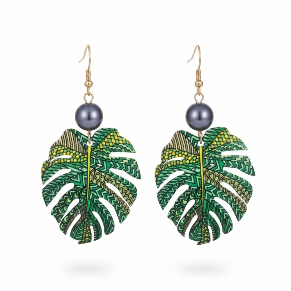 Large Tropical Leaf Earrings with Black Pearl Accent